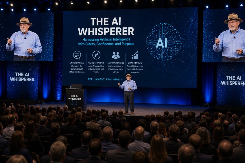R. Dale Brunet delivering The AI Whisperer keynote on stage